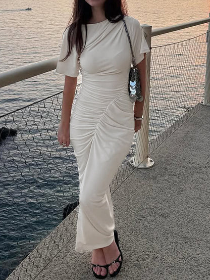 Solid Color Pleated Skinny High Waisted Midi Dresses