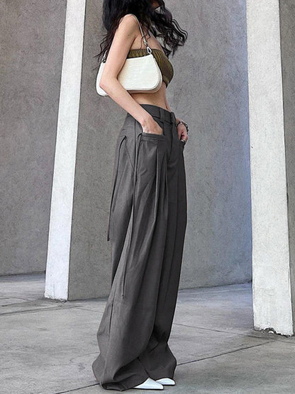 High Waisted Loose Pleated Solid Color Split-Joint Streamer Pants Trousers
