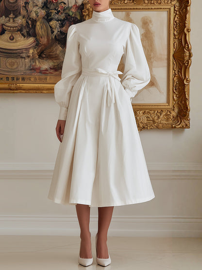 A-Line High Waisted Pleated Pockets Solid Color Tied Waist High Neck Midi Dresses