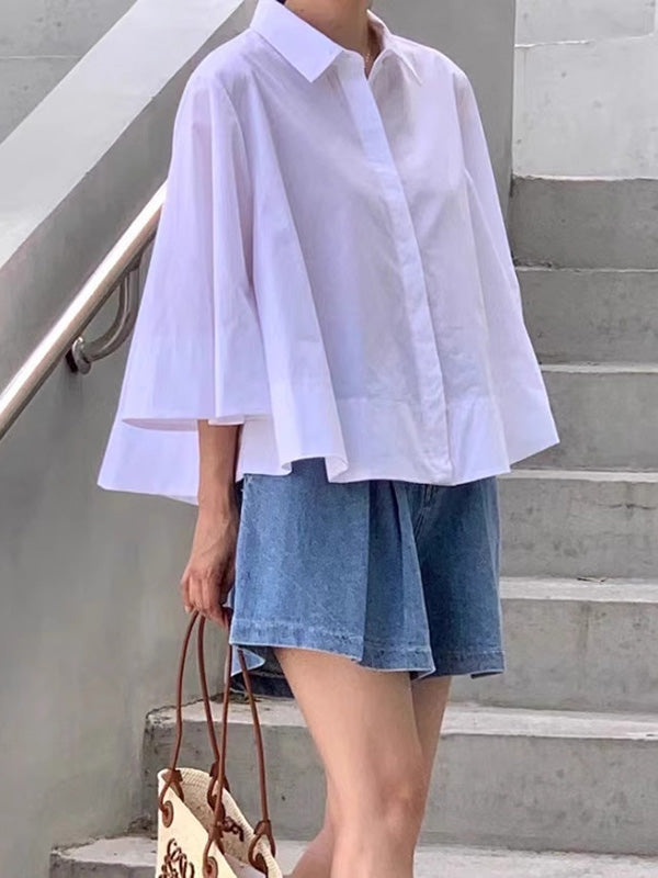 A-Line Flared Sleeves Buttoned Pleated Solid Color Lapel Blouses&Shirts Tops