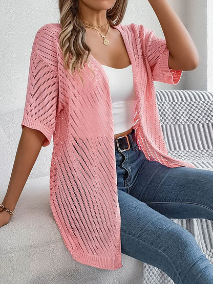 Half Sleeves Loose Hollow Solid Color Cardigan Tops