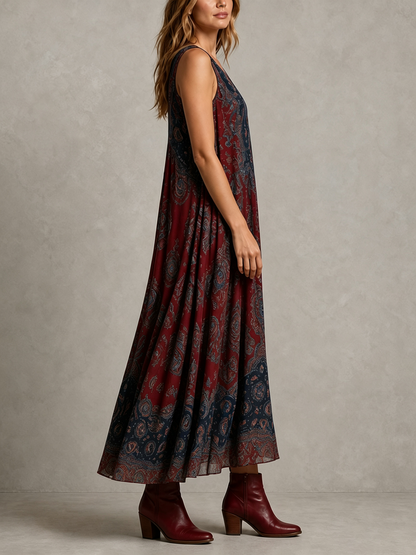 Printed Pleated Contrast Color Sleeveless Loose V-Neck Maxi Dresses