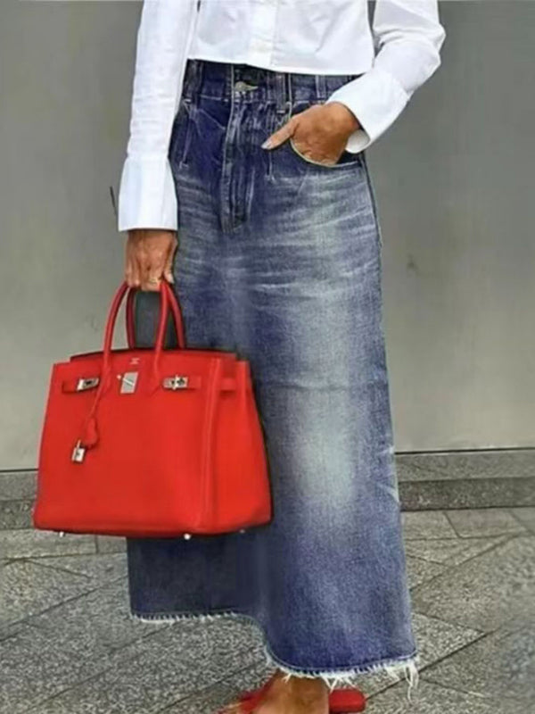 Loose Fringed No Belt Pockets Solid Color Skirts Bottoms