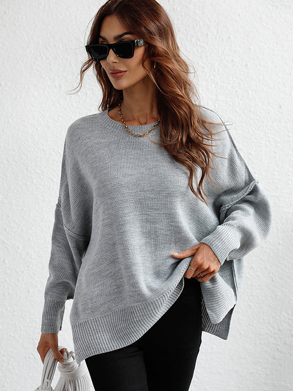 Casual Long Sleeves Loose Split-Side Solid Color Round-Neck Sweater Tops