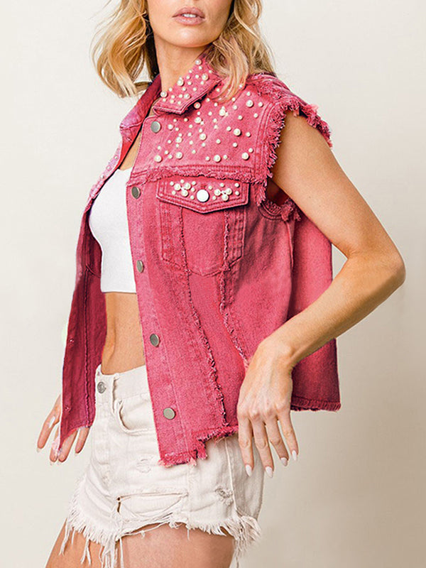 Loose Sleeveless Beaded Fringed Split-Joint Lapel Vest Outerwear