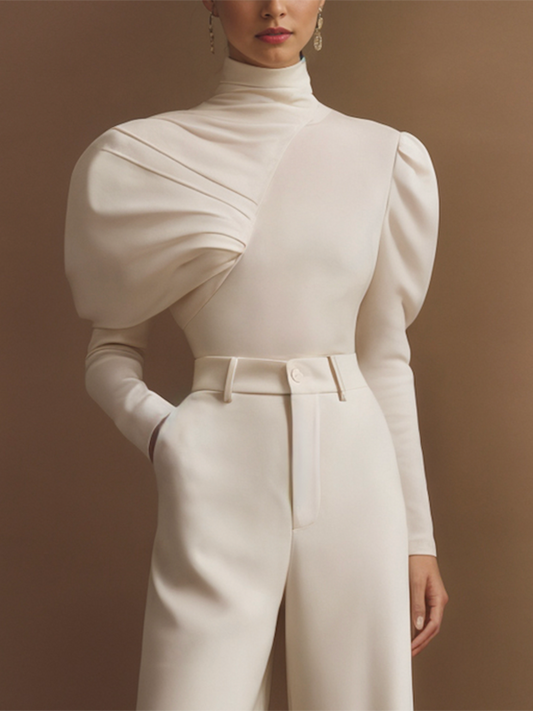 Irregularity Long Sleeves Asymmetric Pleated Solid Color High Neck Sweatshirt Tops