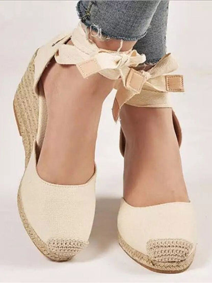 Buckle Split-Joint Square-Toe Lace-Up Ankle Wrap Espadrille Wedge Sandals