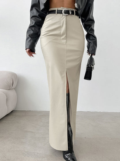 Bodycon High Waisted Pockets Solid Color Split-Front Split-Joint Velvet Skirts Bottoms