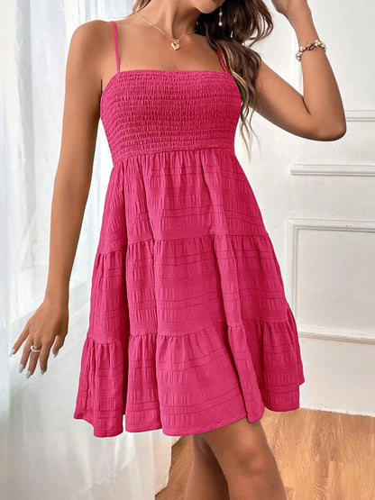 Elasticated Waist High Waisted Pleated Solid Color Split-Joint Spaghetti-Neck Mini Dresses