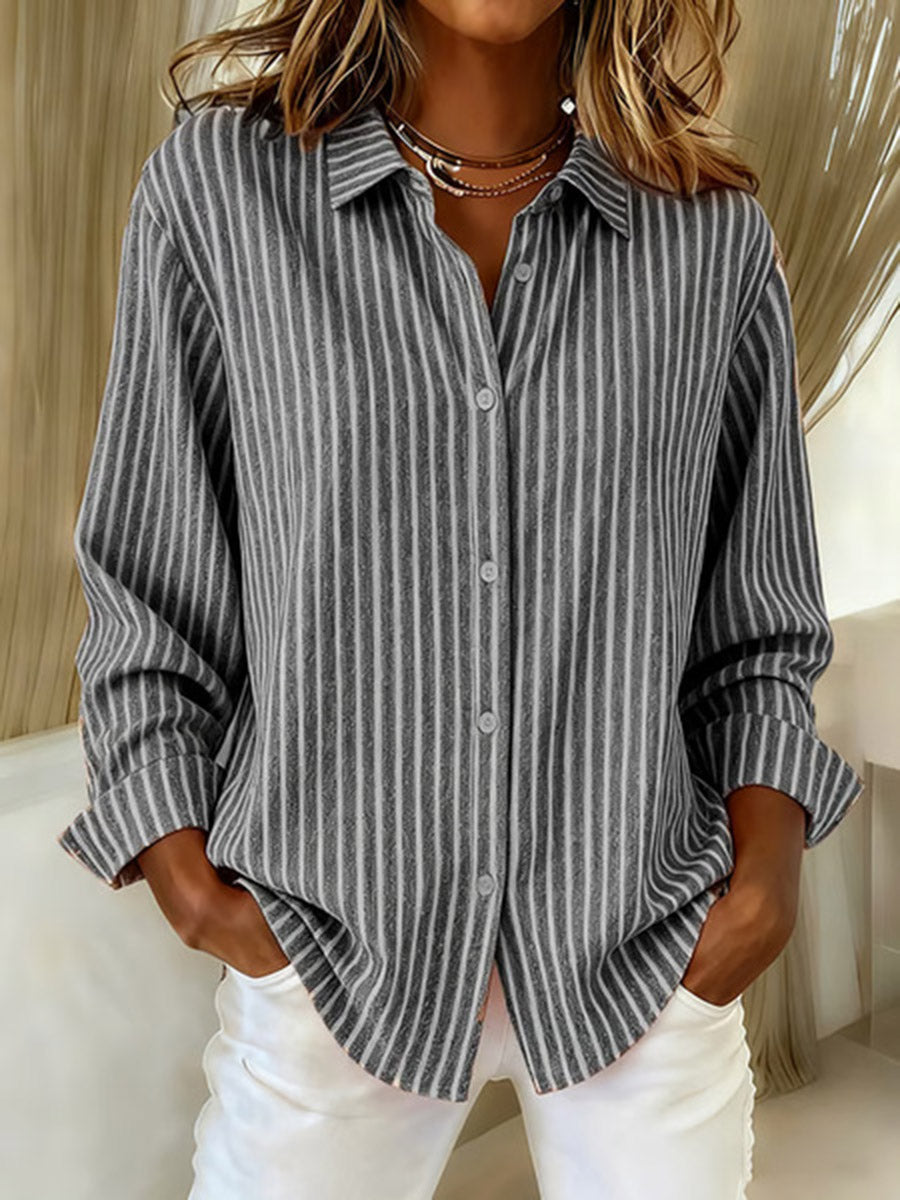 Striped Contrast Color Buttoned Plus Size Loose Lapel Blouses&shirts Tops