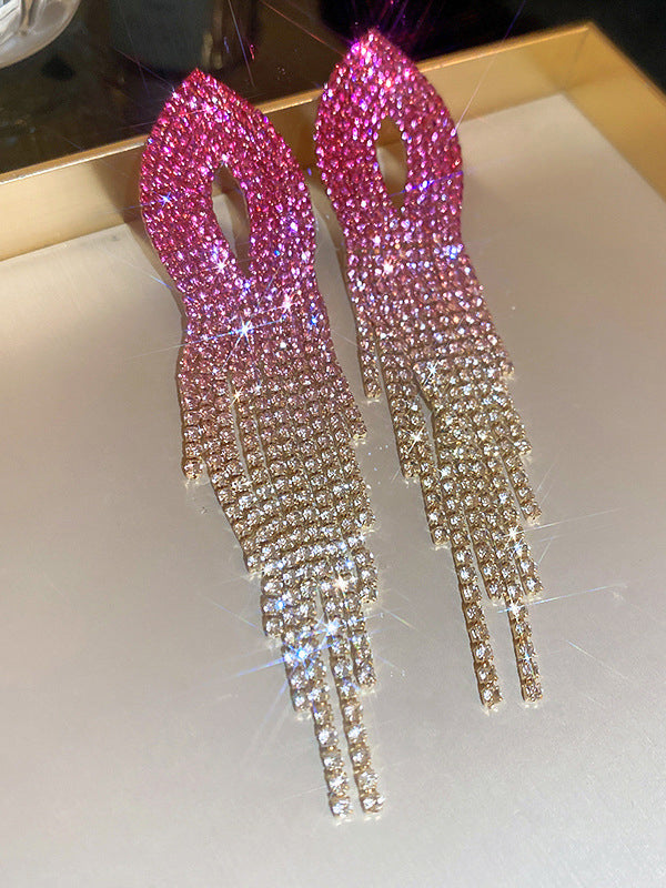 Gradient Hollow Rhine Stones Tasseled Drop Earrings