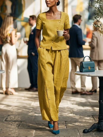 Loose Wide Leg Buttoned Pockets Solid Color Pants Trousers