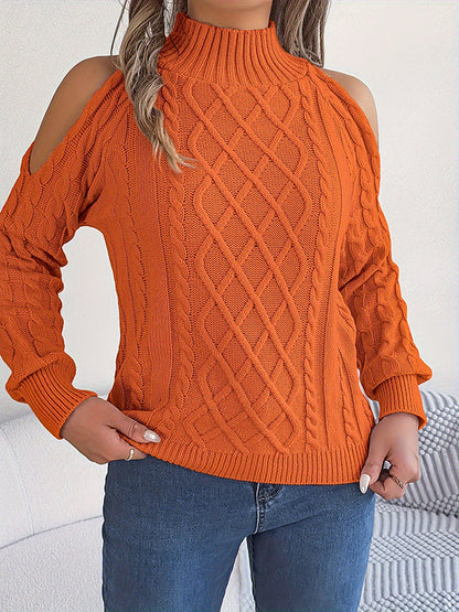 Long Sleeves Loose Hollow Solid Color Cold Shoulder Pullovers Sweater Tops