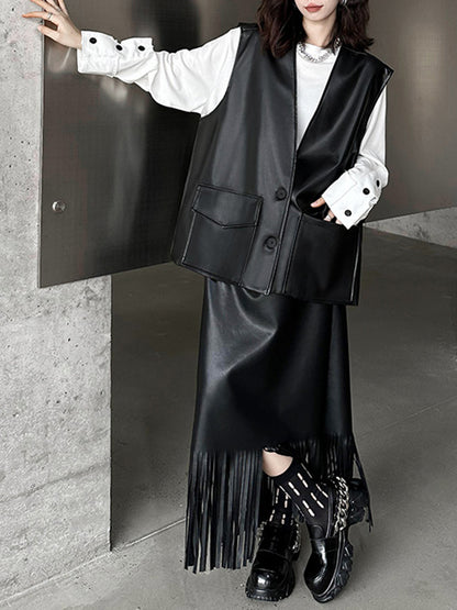 Loose Solid Color V-Neck Sleeveless Buttoned Pockets Vest Top + High Waisted Elasticity Tasseled Skirt Bottom Two Pieces Set