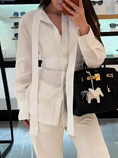 Long Sleeves Buttoned Solid Color Streamer Lapel Blouses&Shirts Tops