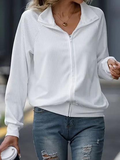 Long Sleeves Loose Solid Color Zipper Lapel Outerwear