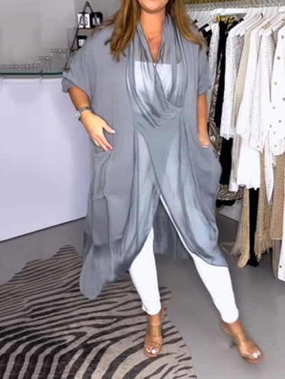 Long Sleeves Loose Mesh Pockets Solid Color Split-Joint V-Neck Outerwear