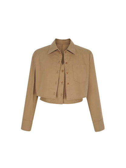 Lapel False Two Buttoned Pockets Solid Color Inner Shirts   Outerwear Blouses&Shirts Tops