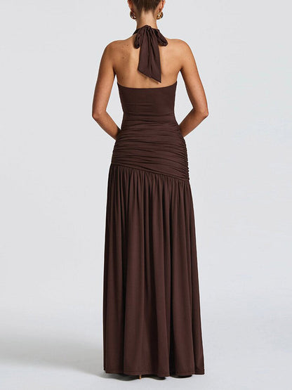 Back Stretch Equipment Bodycon Buckle Pleated Solid Color Split-Joint Split-Side Halter-Neck Maxi Dresses