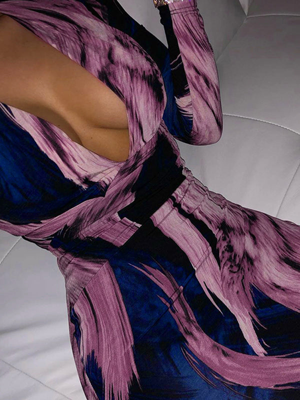 A-Line Long Sleeves Printed Deep V-Neck Midi Dresses