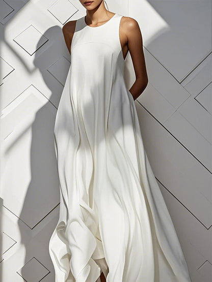 Loose Sleeveless Pockets Solid Color Split-Joint Round-Neck Maxi Dresses