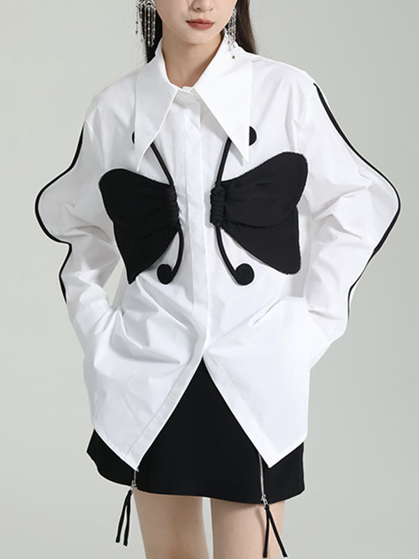 Long Sleeves Loose Butterfly Shape Buttoned Lapel Blouses&Shirts Tops