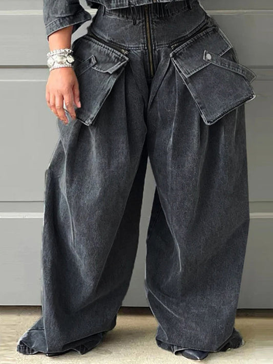 Loose Wide Leg Pleated Pockets Split-Joint Zipper Jean Pants Bottoms