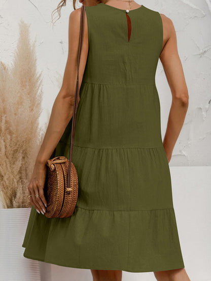 A-Line Loose Pleated Solid Color Tiered Round-Neck Mini Dresses