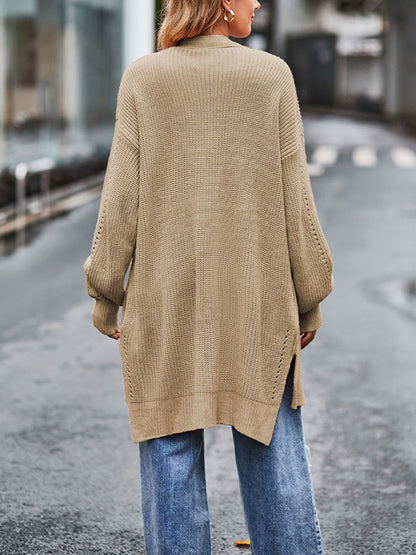 High-Low Long Sleeves Hollow Solid Color Split-Joint Split-Side Cardigan Coats