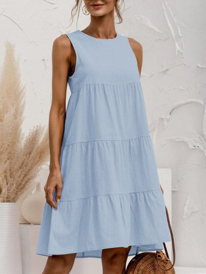 A-Line Loose Pleated Solid Color Split-Joint Round-Neck Mini Dresses
