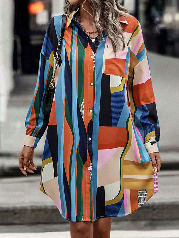 A-Line Long Sleeves Buttoned Contrast Color Lapel Midi Dresses Shirt Dress