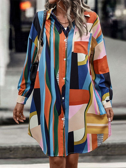 A-Line Long Sleeves Buttoned Contrast Color Lapel Midi Dresses Shirt Dress