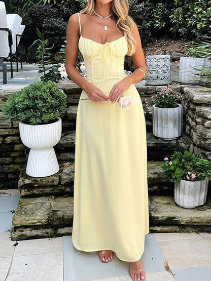 A-Line Bodycon Drawstring Pleated Solid Color Split-Joint Spaghetti-Neck Maxi Dresses