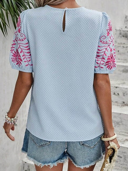 Loose Short Sleeves Bow-Embellished Contrast Color Split-Joint Round-Neck Blouses&Shirts Tops