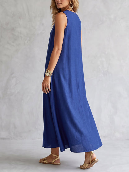 Loose Sleeveless Contrast Color Striped Round-Neck Midi Dresses