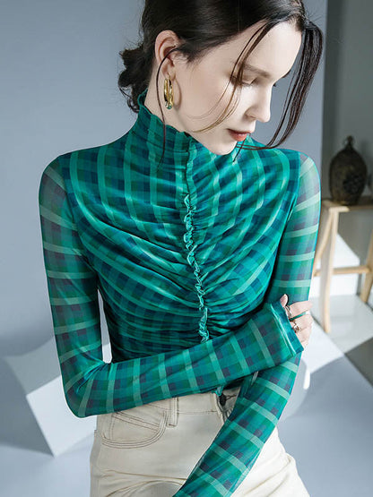 Long Sleeves Skinny Contrast Color Plaid Pleated Split-Joint High-Neck Blouses&Shirts Tops