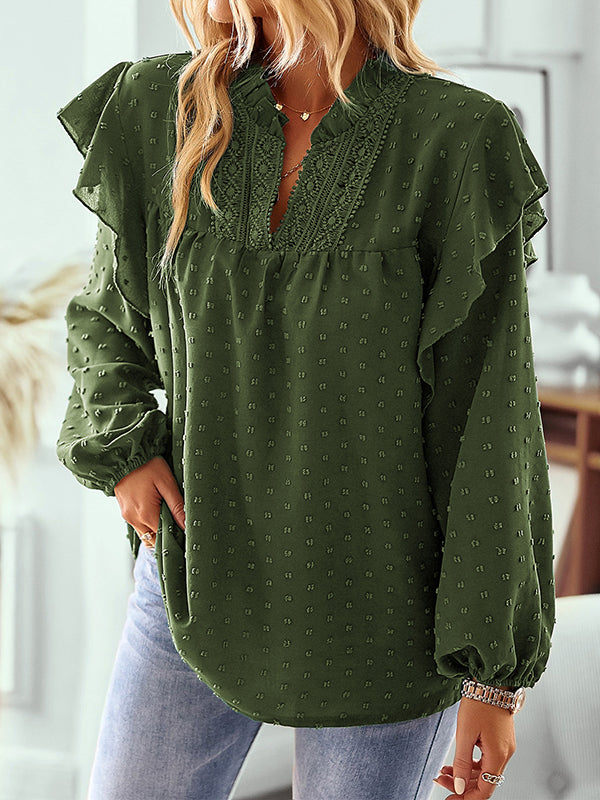 Long Sleeves Loose Elasticity Jacquard Ruffle Trim Solid Color Split-Joint V-Neck Blouses&Shirts Tops