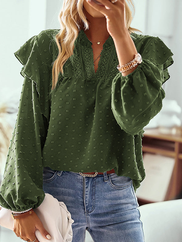 Long Sleeves Loose Elasticity Jacquard Ruffle Trim Solid Color Split-Joint V-Neck Blouses&Shirts Tops