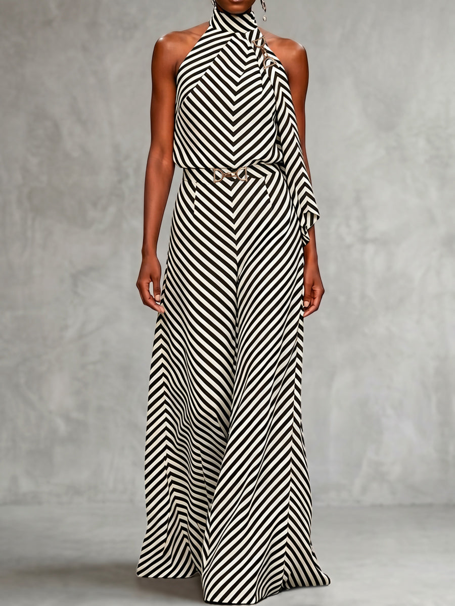 Sleeveless Contrast Color Draped Striped Halter-Neck Blouses&Shirts Tops