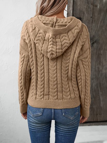 Hooded Long Sleeves Buttoned Solid Color Split-Joint Sweater Tops