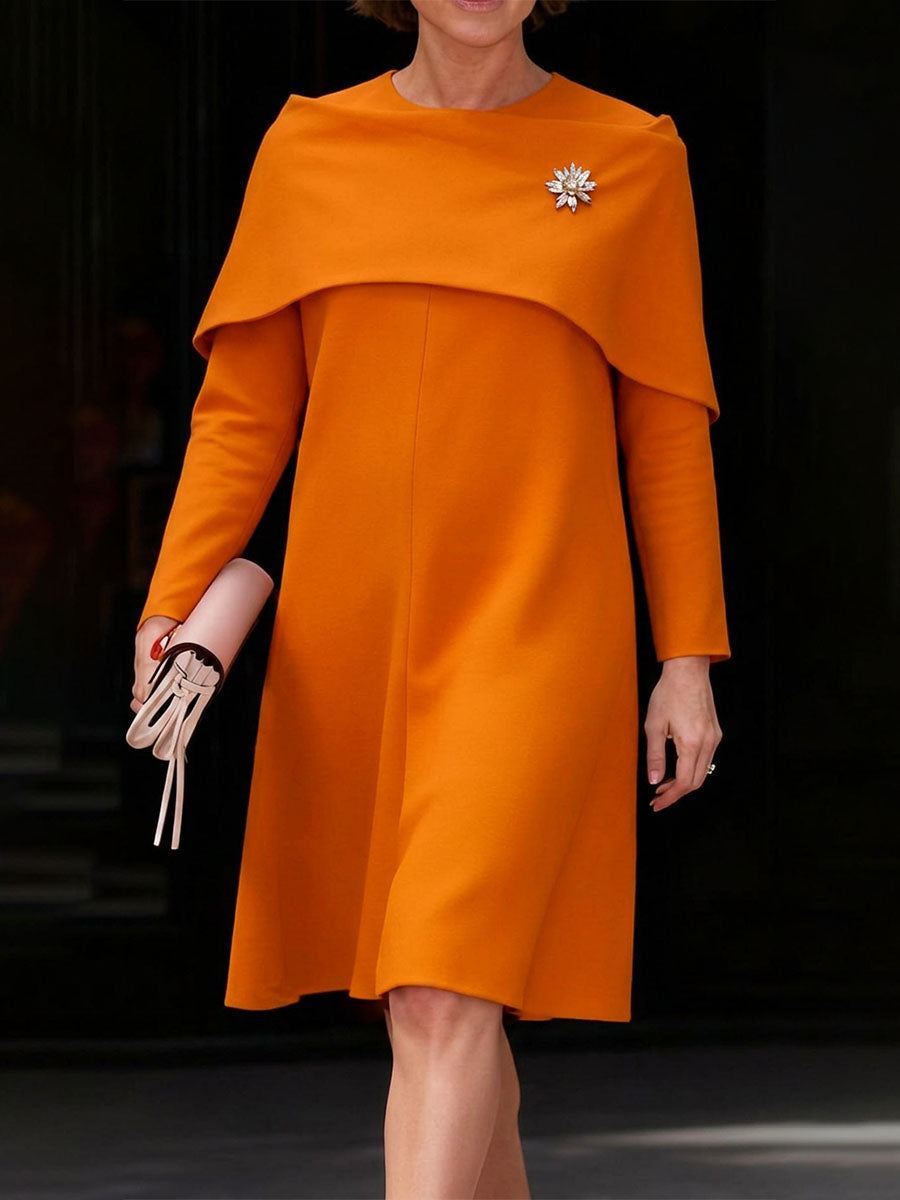 Zipper Solid Color Long Sleeves False Two Round-neck Midi Dresses