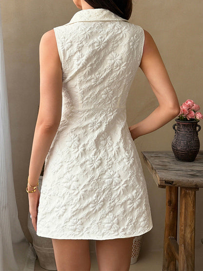 A-Line High Waisted Buttoned Jacquard Pleated Solid Color Lapel Mini Dresses