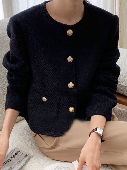 Long Sleeves Loose Buttoned Pockets Round-Neck Outerwear