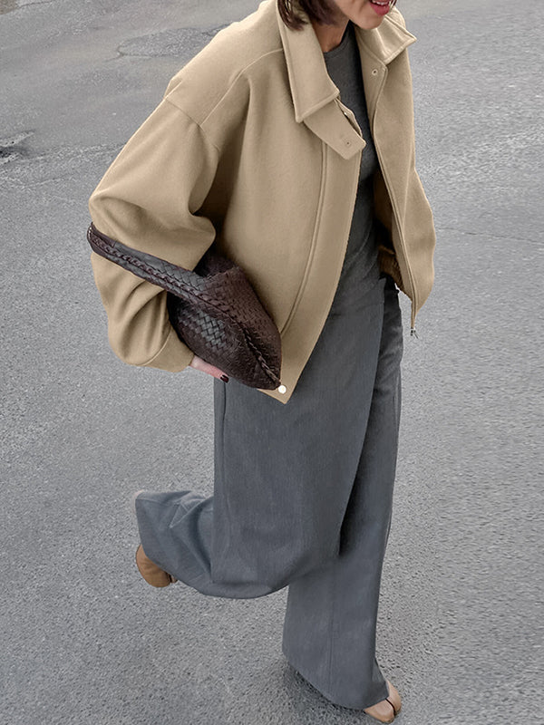 Long Sleeves Loose Buttoned Elasticity Solid Color Zipper Lapel Jackets Outerwear