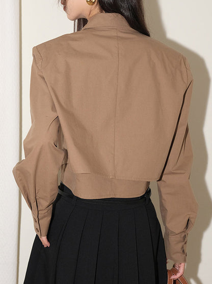 Lapel False Two Buttoned Pockets Solid Color Inner Shirts   Outerwear Blouses&Shirts Tops