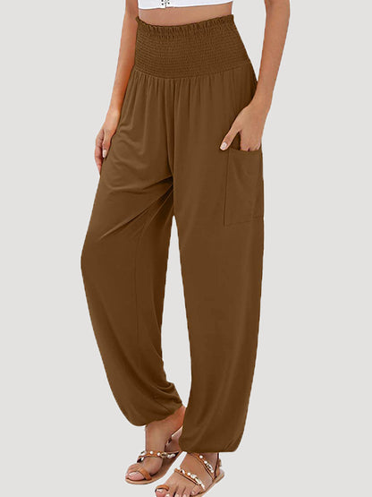 High Waisted Loose Elasticity Pleated Pockets Solid Color Split-Joint Pants Trousers