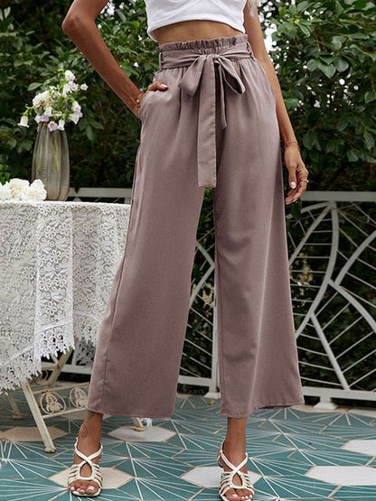 High Waisted Loose Pockets Solid Color Tied Waist Pants Trousers