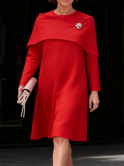 Zipper Solid Color Long Sleeves False Two Round-neck Midi Dresses
