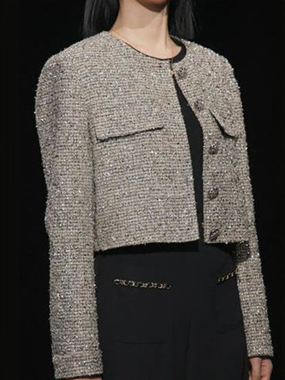Long Sleeves Loose Buttoned Pockets Weave Round-Neck Outerwear