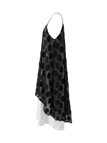 False Two Sleeveless Contrast Color Polka Dot See-Through Spaghetti-Neck Midi Dresses Slip Dress